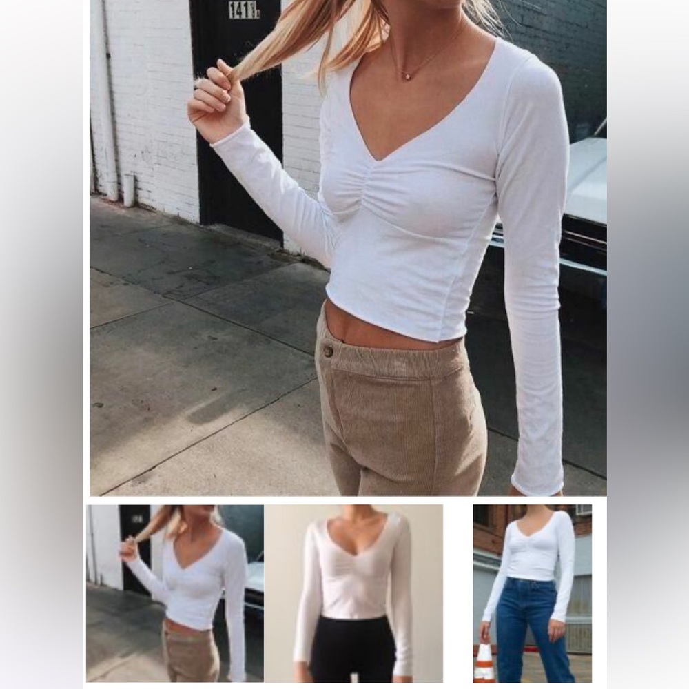 Brandy Melville White Ruched V-Neck Blouse
